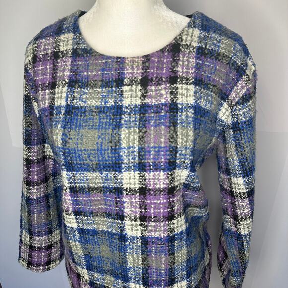 Emin & Paul Anthropologie Plaid Blue Purple Tweed Pullover Sweater Small - Picture 2 of 6